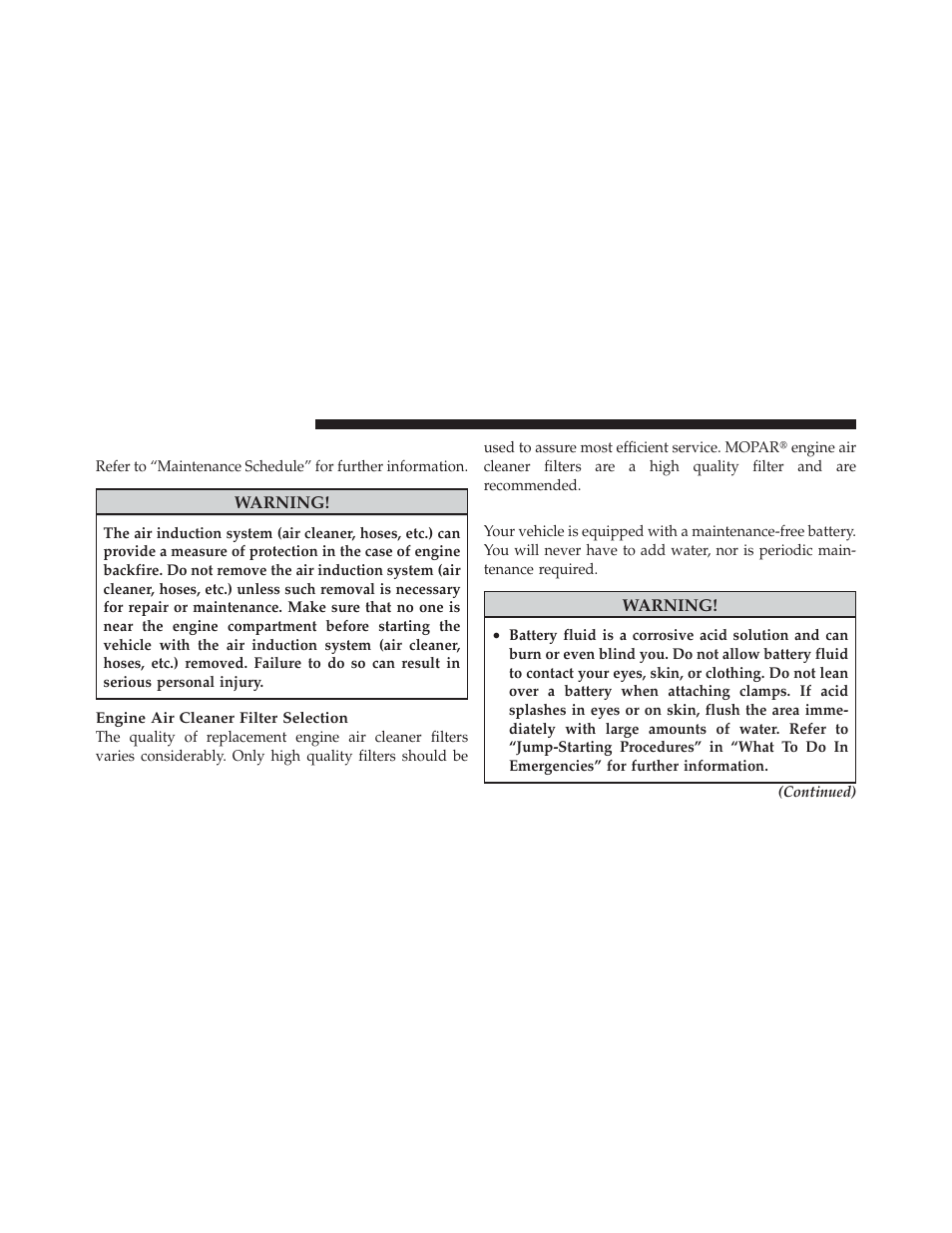 Engine air cleaner filter, Maintenance-free battery | Ram Trucks 2010 3500 - Owner Manual User Manual | Page 520 / 616