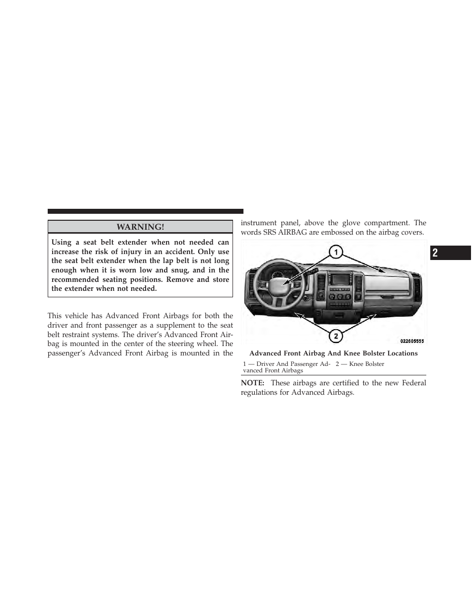 Supplemental restraint system (srs) – airbags, Advanced front airbag features | Ram Trucks 2010 3500 - Owner Manual User Manual | Page 55 / 616