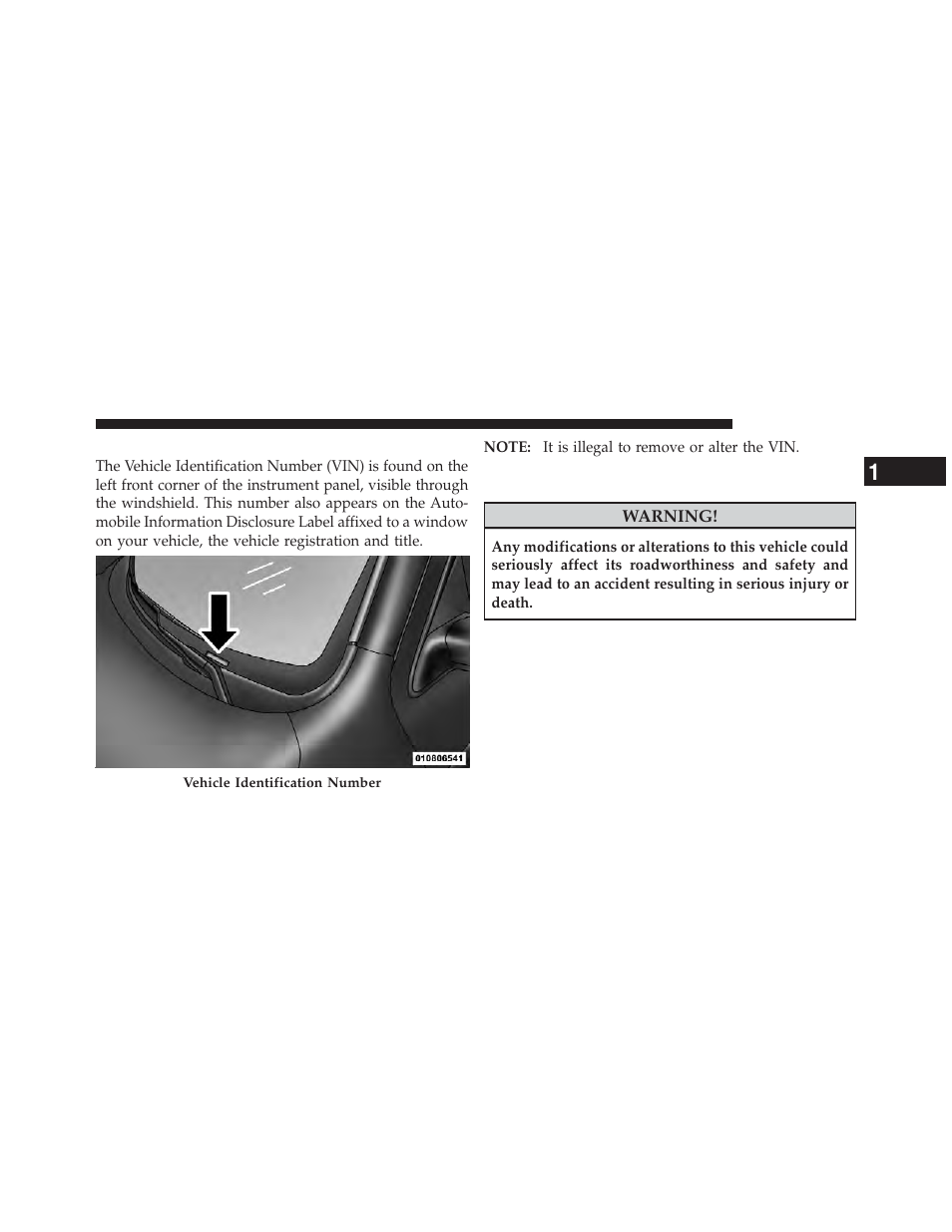 Vehicle identification number, Vehicle modifications/alterations | Ram Trucks 2010 3500 - Owner Manual User Manual | Page 9 / 616