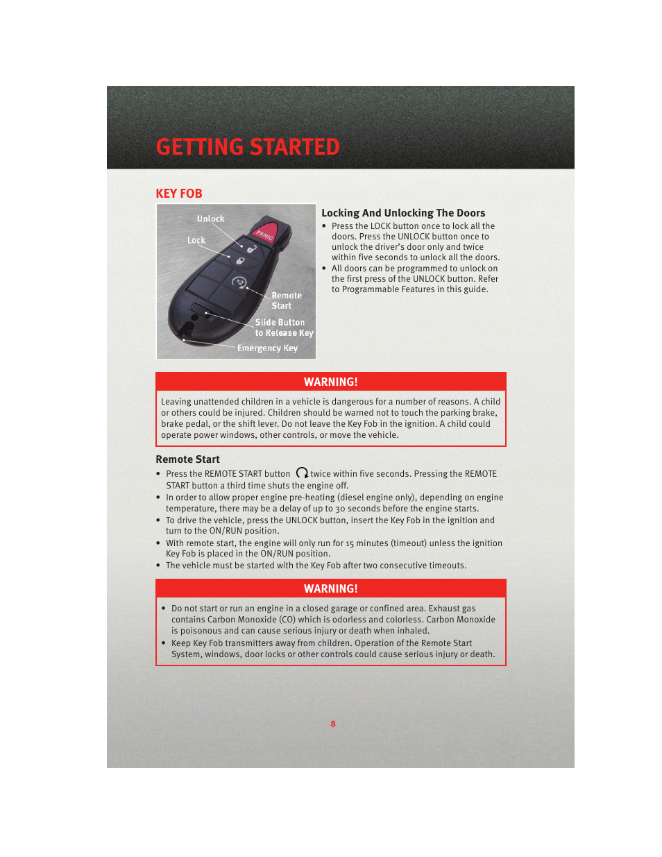 Getting started, Key fob, Locking and unlocking the doors | Remote start | Ram Trucks 2010 3500 - User Guide User Manual | Page 10 / 96