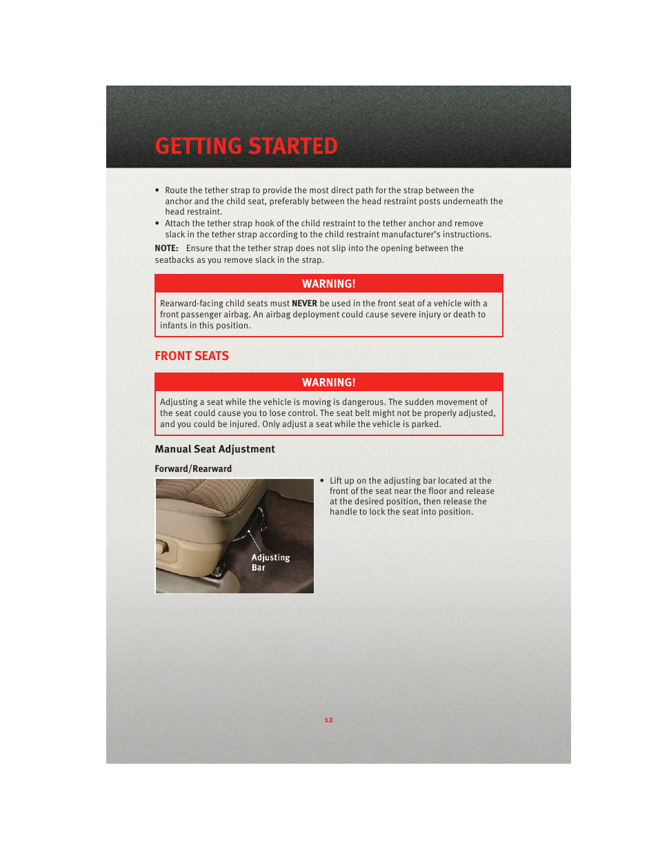 Front seats, Manual seat adjustment, Getting started | Ram Trucks 2010 3500 - User Guide User Manual | Page 14 / 96
