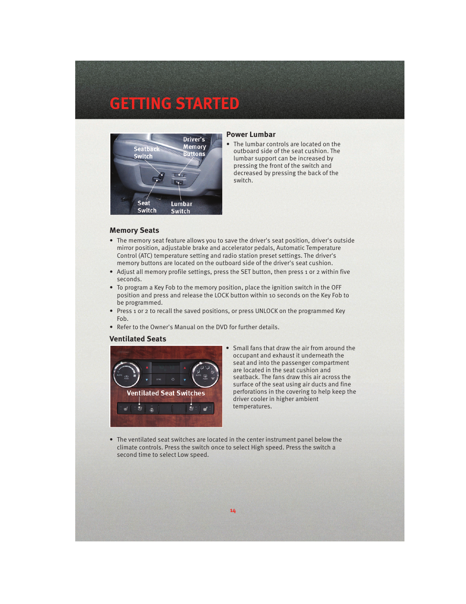 Power lumbar, Memory seats, Ventilated seats | Getting started | Ram Trucks 2010 3500 - User Guide User Manual | Page 16 / 96