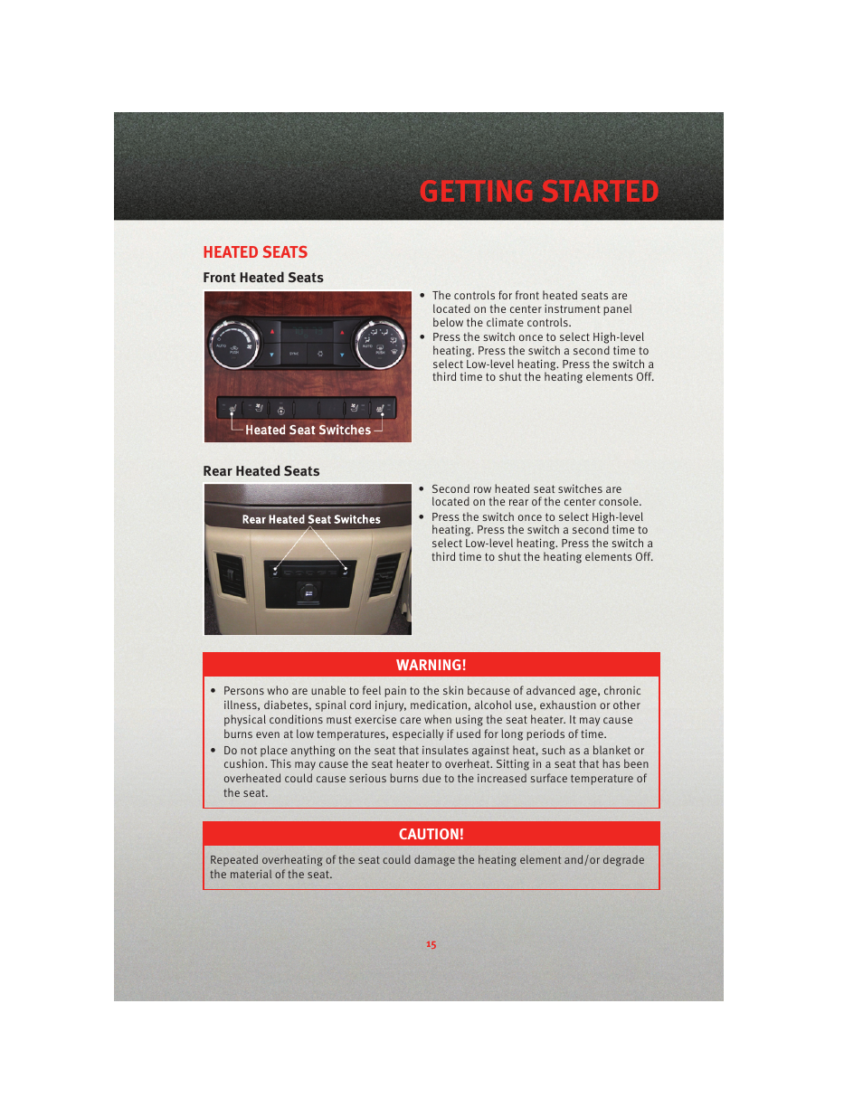 Heated seats, Front heated seats, Rear heated seats | Getting started | Ram Trucks 2010 3500 - User Guide User Manual | Page 17 / 96