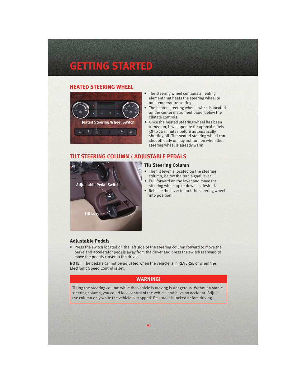 Heated steering wheel, Tilt steering column / adjustable pedals, Tilt steering column | Adjustable pedals, Getting started | Ram Trucks 2010 3500 - User Guide User Manual | Page 18 / 96