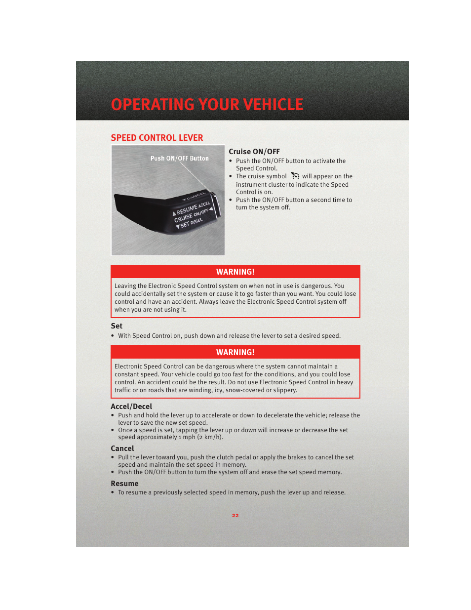 Speed control lever, Cruise on/off, Accel/decel | Cancel, Resume, Operating your vehicle | Ram Trucks 2010 3500 - User Guide User Manual | Page 24 / 96