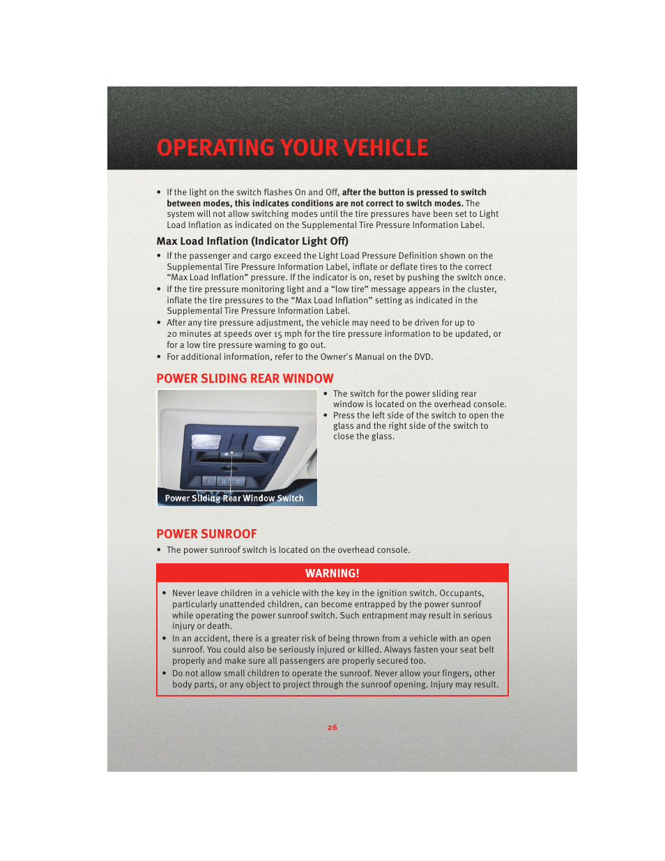 Max load inflation (indicator light off), Power sliding rear window, Power sunroof | Operating your vehicle | Ram Trucks 2010 3500 - User Guide User Manual | Page 28 / 96