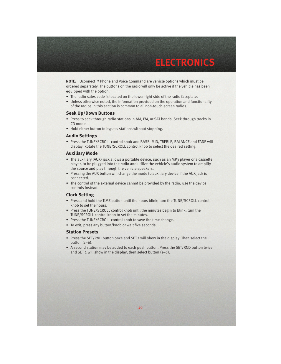 Seek up/down buttons, Audio settings, Auxiliary mode | Clock setting, Station presets, Electronics | Ram Trucks 2010 3500 - User Guide User Manual | Page 31 / 96