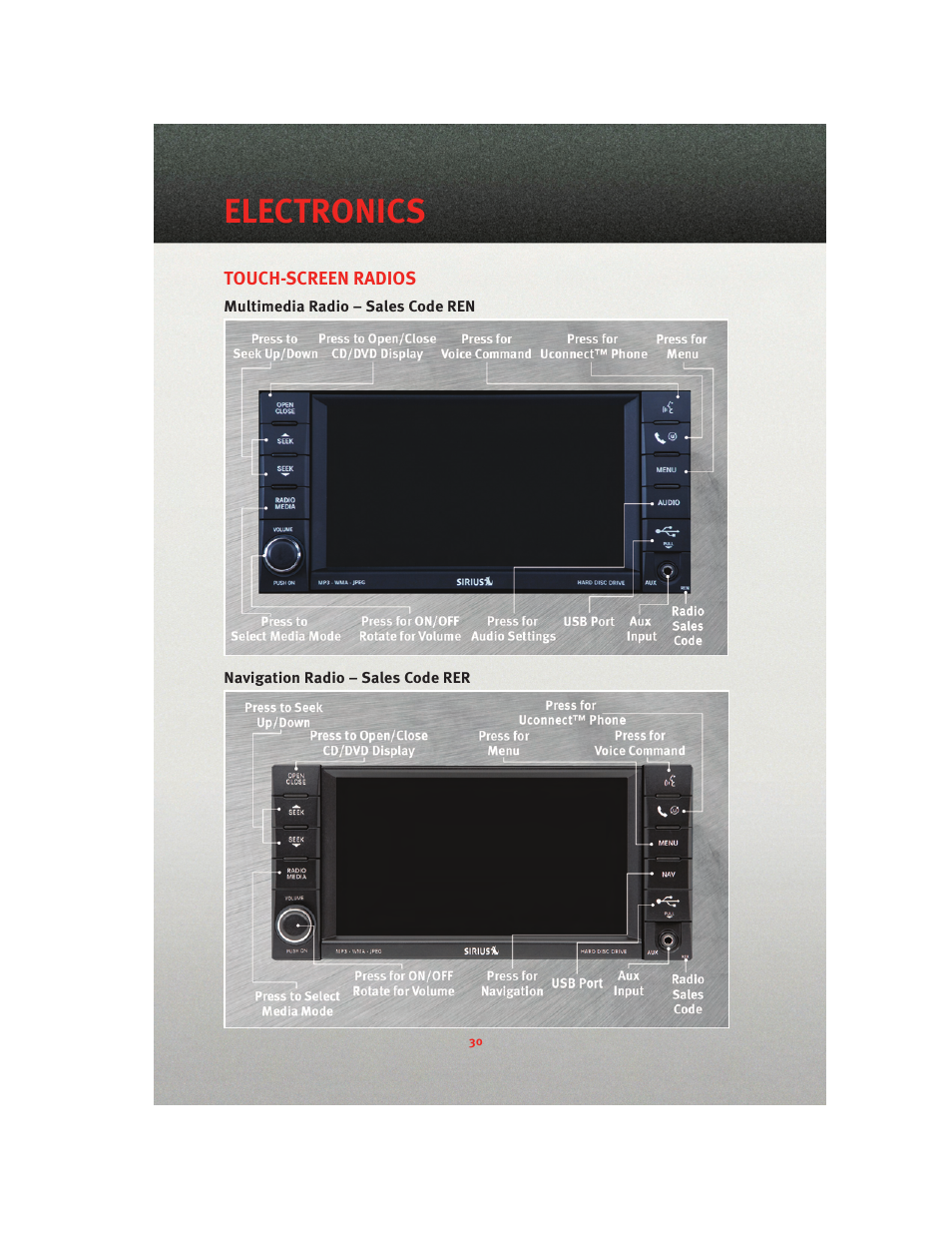 Touch-screen radios, Multimedia radio – sales code ren, Navigation radio – sales code rer | Electronics | Ram Trucks 2010 3500 - User Guide User Manual | Page 32 / 96