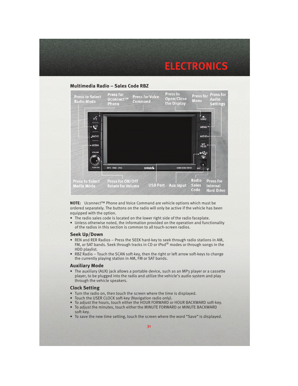 Multimedia radio – sales code rbz, Seek up/down, Auxiliary mode | Clock setting, Electronics | Ram Trucks 2010 3500 - User Guide User Manual | Page 33 / 96