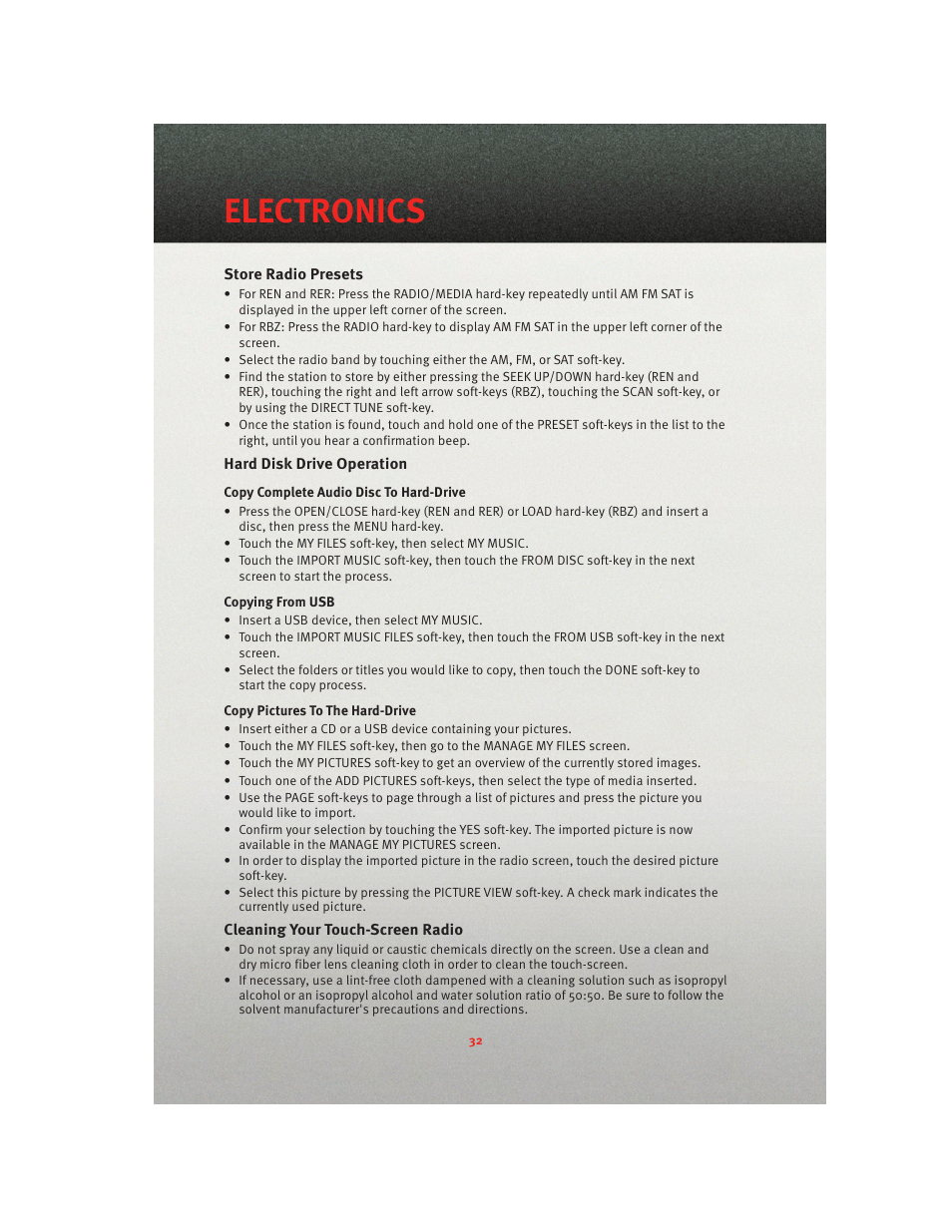 Store radio presets, Hard disk drive operation, Cleaning your touch-screen radio | Electronics | Ram Trucks 2010 3500 - User Guide User Manual | Page 34 / 96