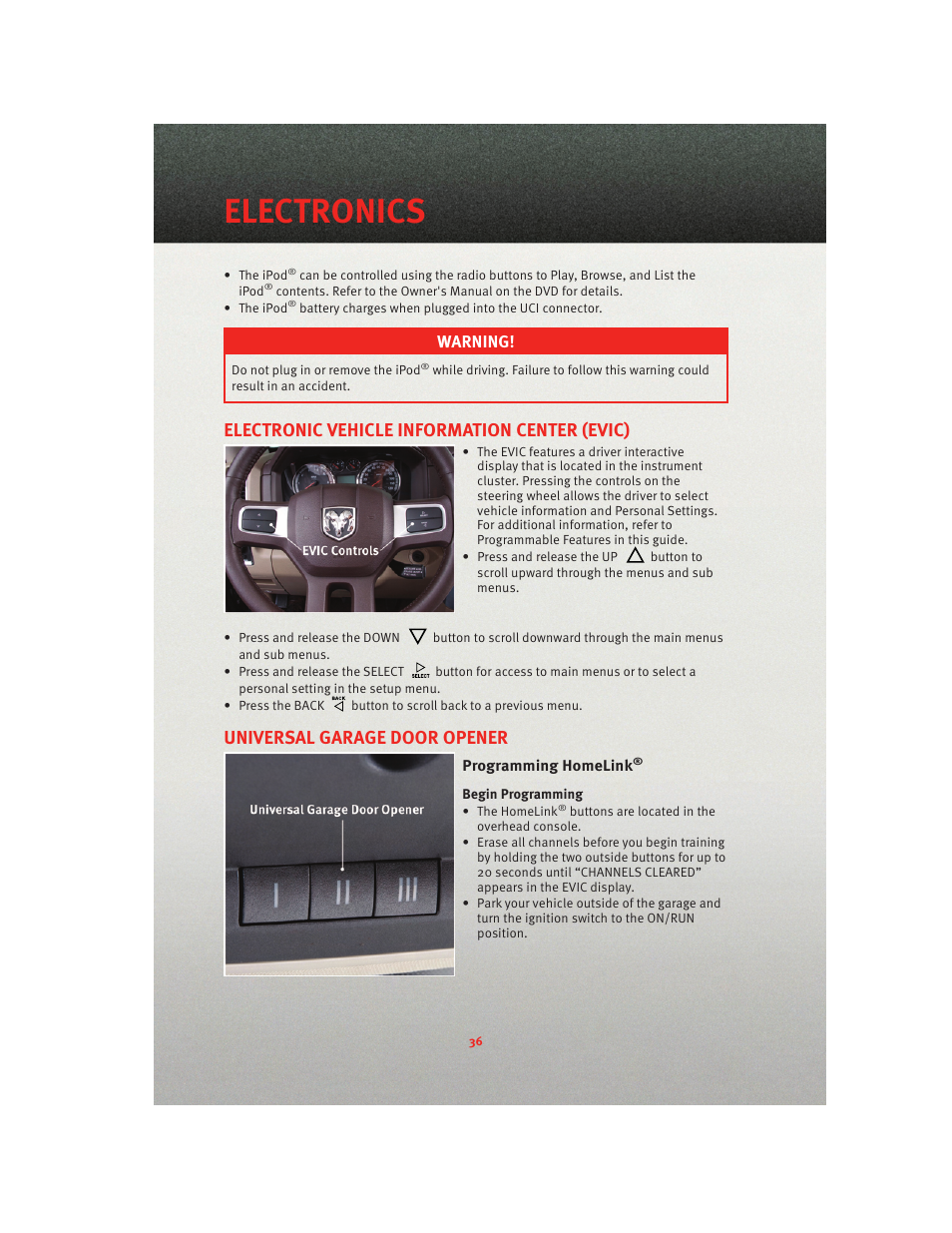 Electronic vehicle information center (evic), Universal garage door opener, Programming homelink | Electronics, Warning | Ram Trucks 2010 3500 - User Guide User Manual | Page 38 / 96