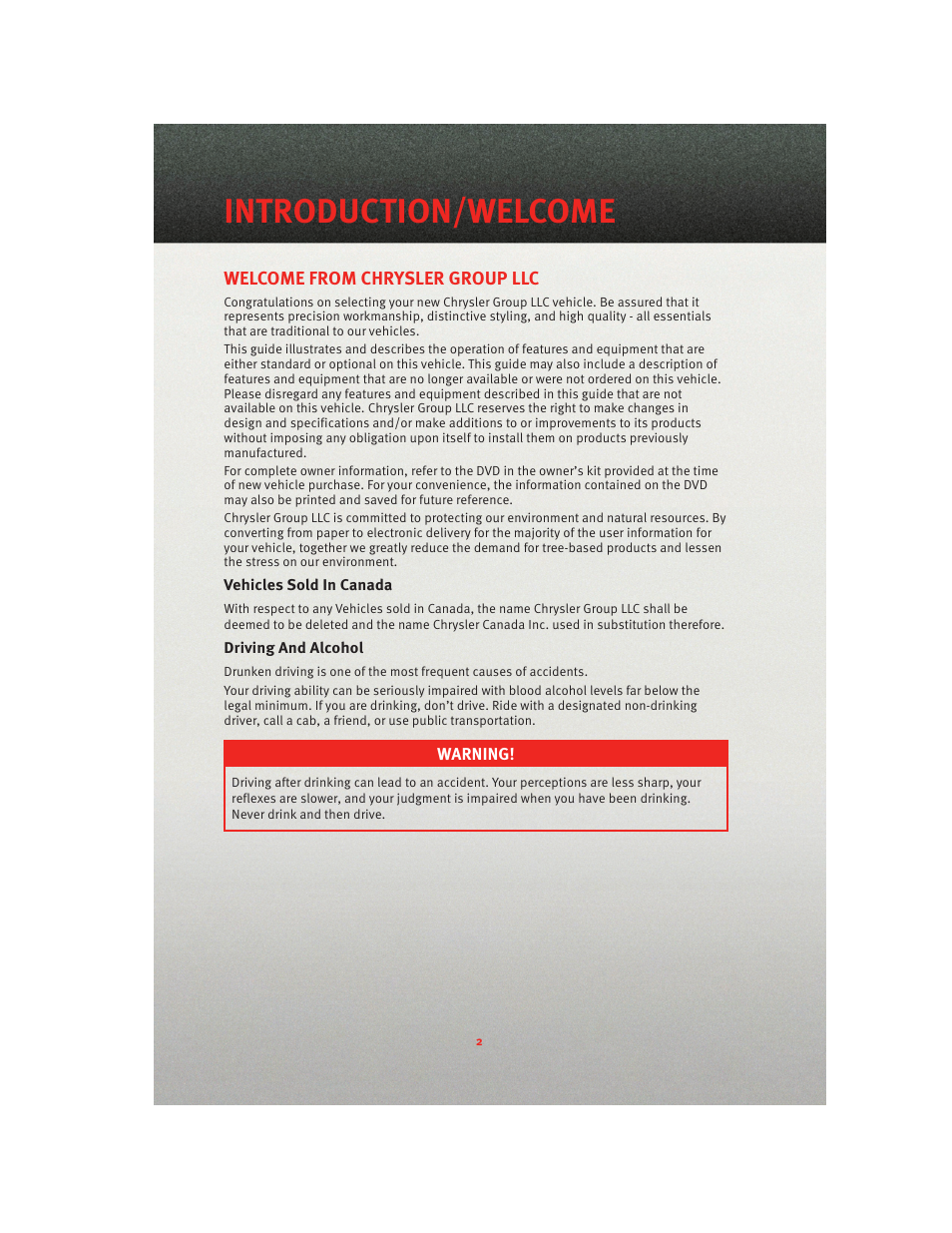 Introduction/welcome, Welcome from chrysler group llc, Vehicles sold in canada | Driving and alcohol | Ram Trucks 2010 3500 - User Guide User Manual | Page 4 / 96