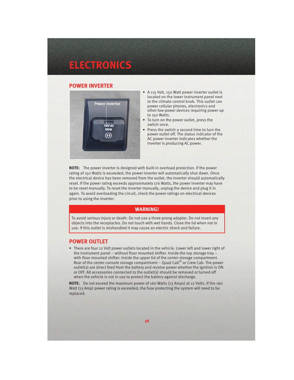 Power inverter, Power outlet, Electronics | Ram Trucks 2010 3500 - User Guide User Manual | Page 40 / 96