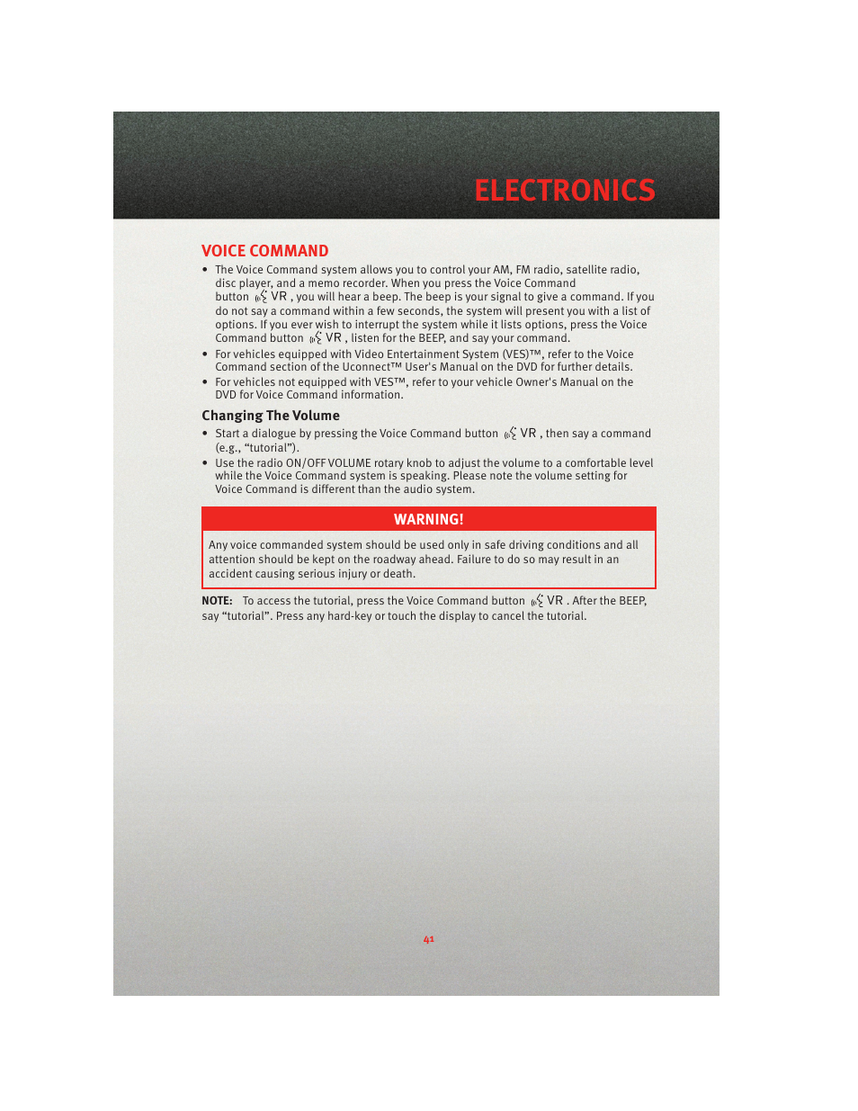 Voice command, Changing the volume, Electronics | Ram Trucks 2010 3500 - User Guide User Manual | Page 43 / 96