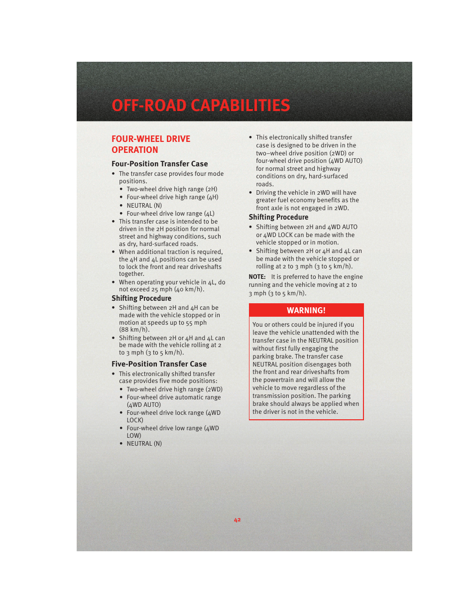Off-road capabilities, Four-wheel drive operation, Four-position transfer case | Five-position transfer case | Ram Trucks 2010 3500 - User Guide User Manual | Page 44 / 96
