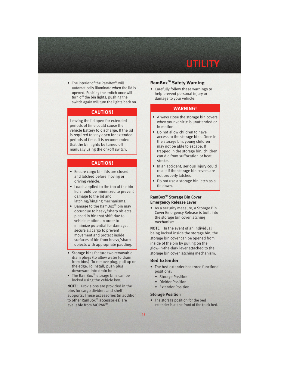 Rambox® safety warning, Bed extender, Utility | Caution, Warning | Ram Trucks 2010 3500 - User Guide User Manual | Page 47 / 96