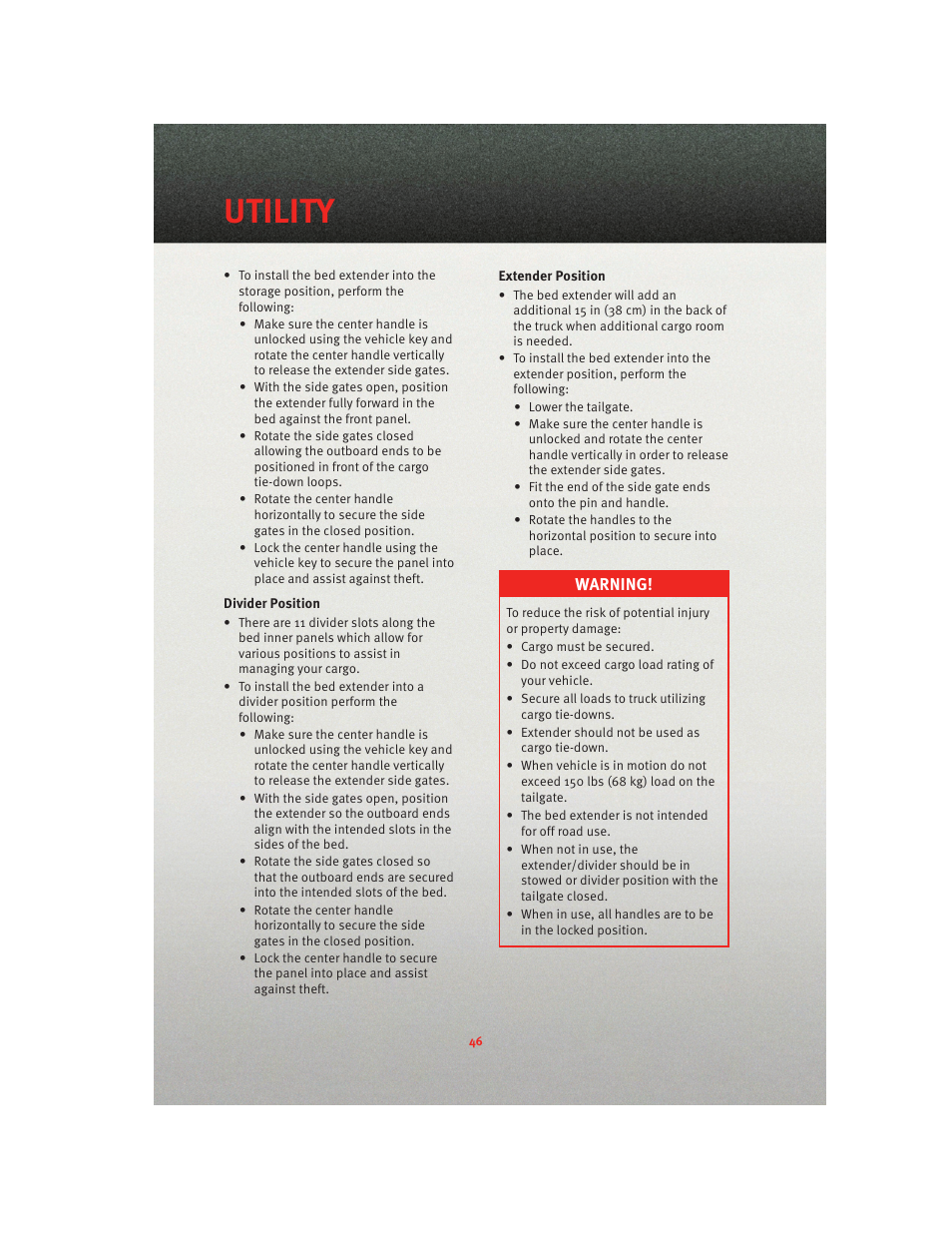 Utility, Warning | Ram Trucks 2010 3500 - User Guide User Manual | Page 48 / 96