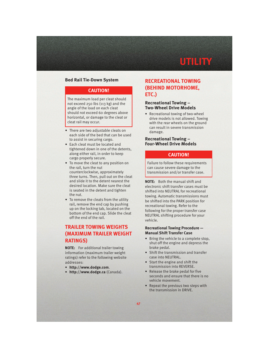 Bed rail tie-down system, Recreational towing (behind motorhome, etc.), Recreational towing – two-wheel drive models | Recreational towing – four-wheel drive models, Utility | Ram Trucks 2010 3500 - User Guide User Manual | Page 49 / 96
