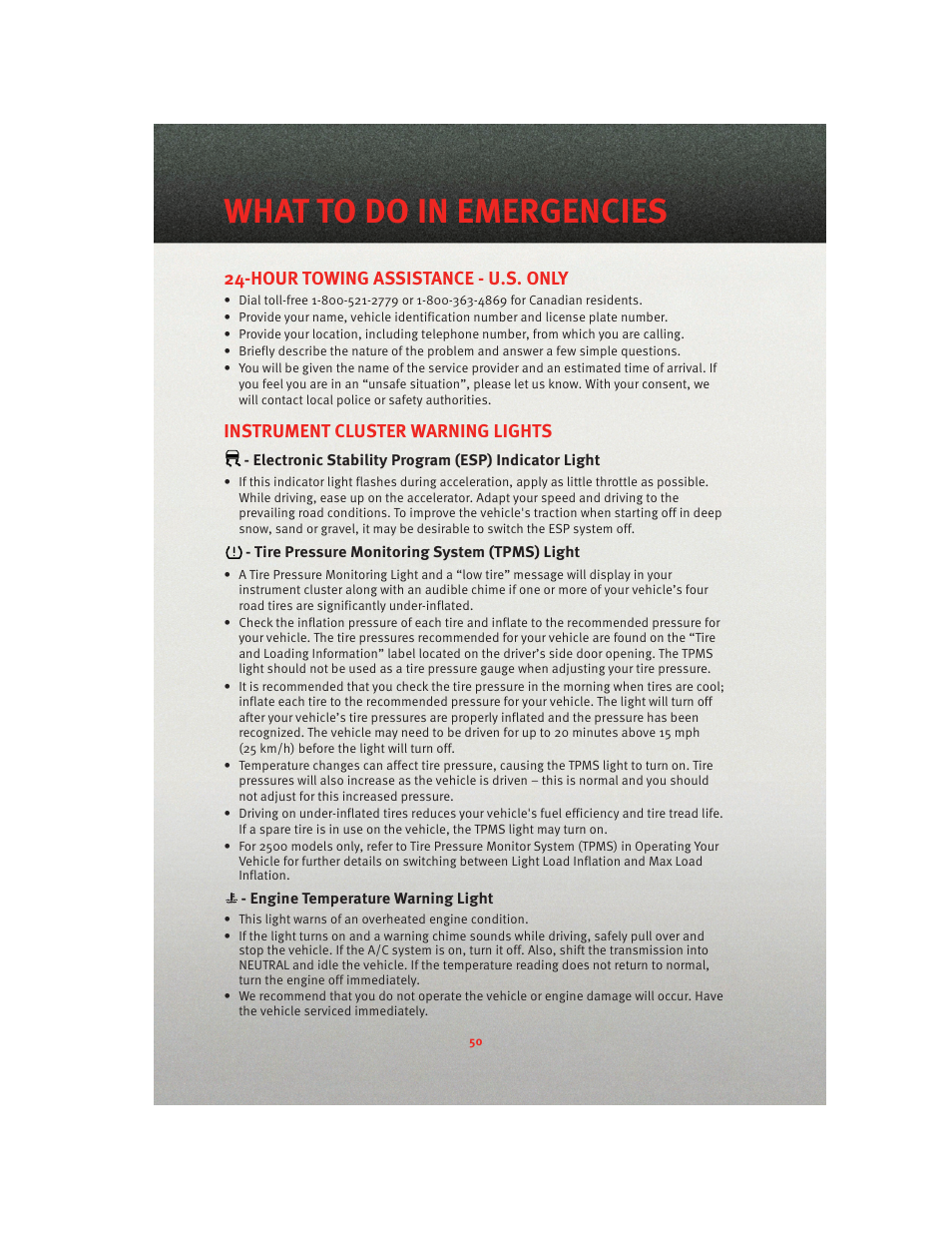 What to do in emergencies, Hour towing assistance - u.s. only, Instrument cluster warning lights | Electronic stability program (esp) indicator light, Tire pressure monitoring system (tpms) light, Engine temperature warning light | Ram Trucks 2010 3500 - User Guide User Manual | Page 52 / 96