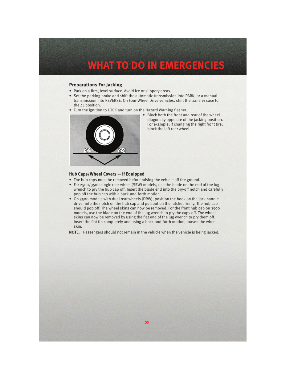 Preparations for jacking, What to do in emergencies | Ram Trucks 2010 3500 - User Guide User Manual | Page 57 / 96