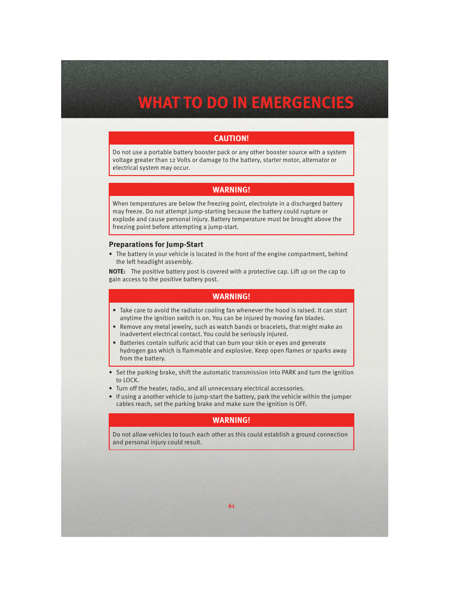 Preparations for jump-start, What to do in emergencies | Ram Trucks 2010 3500 - User Guide User Manual | Page 63 / 96