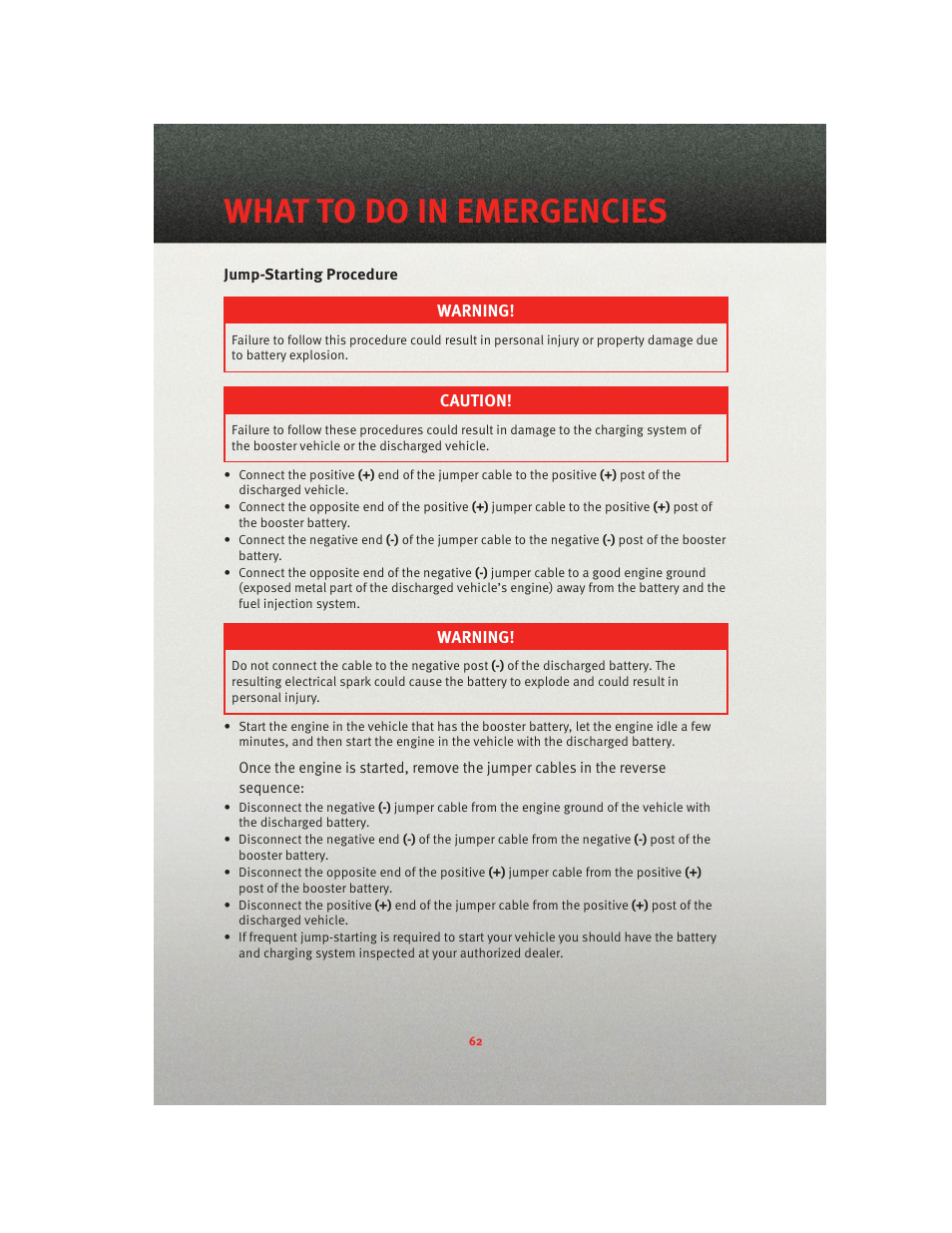 Jump-starting procedure, What to do in emergencies | Ram Trucks 2010 3500 - User Guide User Manual | Page 64 / 96