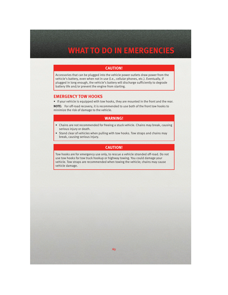 Emergency tow hooks, Towing a disabled vehicle, What to do in emergencies | Ram Trucks 2010 3500 - User Guide User Manual | Page 65 / 96