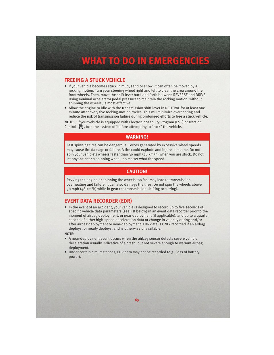 Freeing a stuck vehicle, Event data recorder (edr), What to do in emergencies | Ram Trucks 2010 3500 - User Guide User Manual | Page 67 / 96