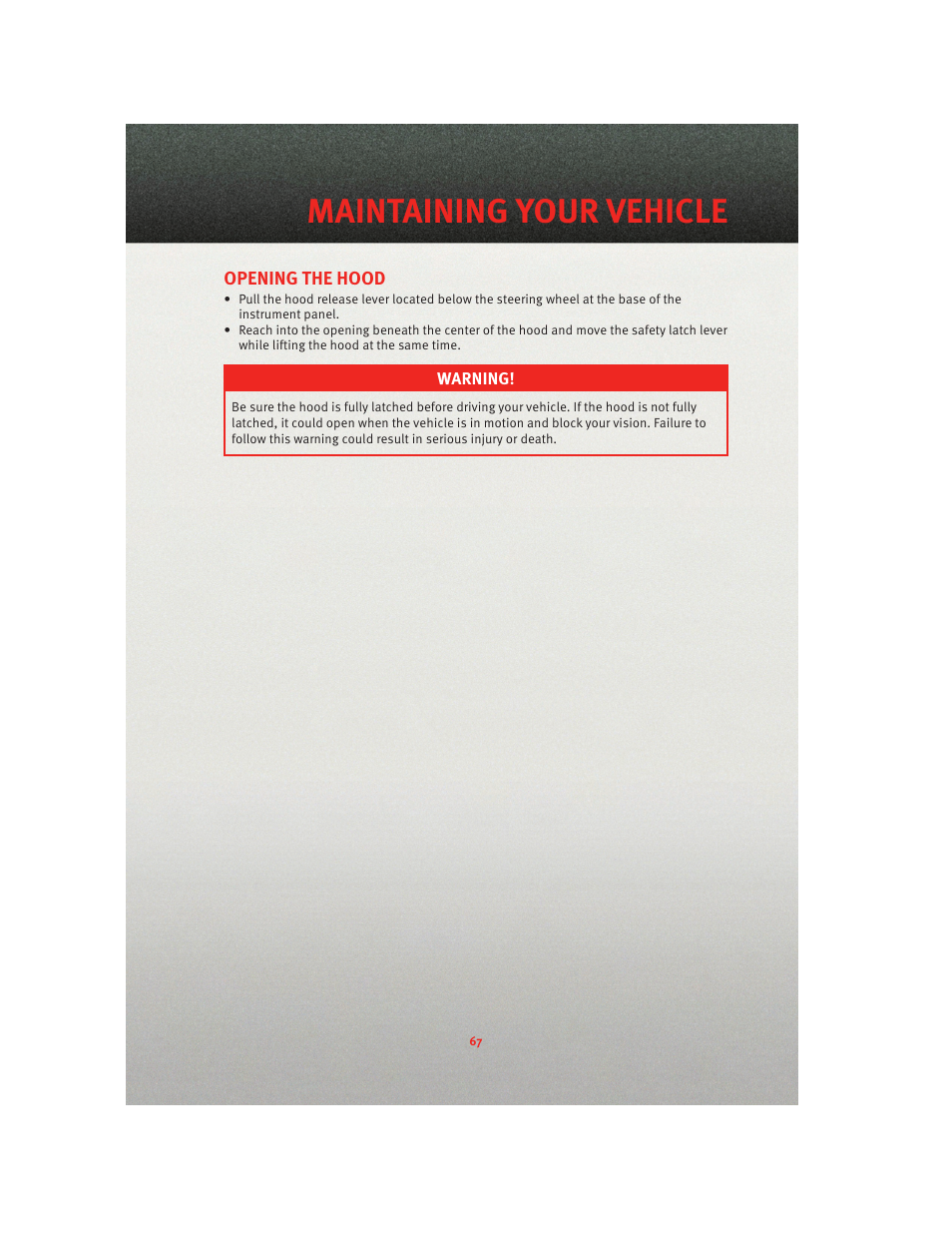 Maintaining your vehicle, Opening the hood, Engine compartment | Ram Trucks 2010 3500 - User Guide User Manual | Page 69 / 96