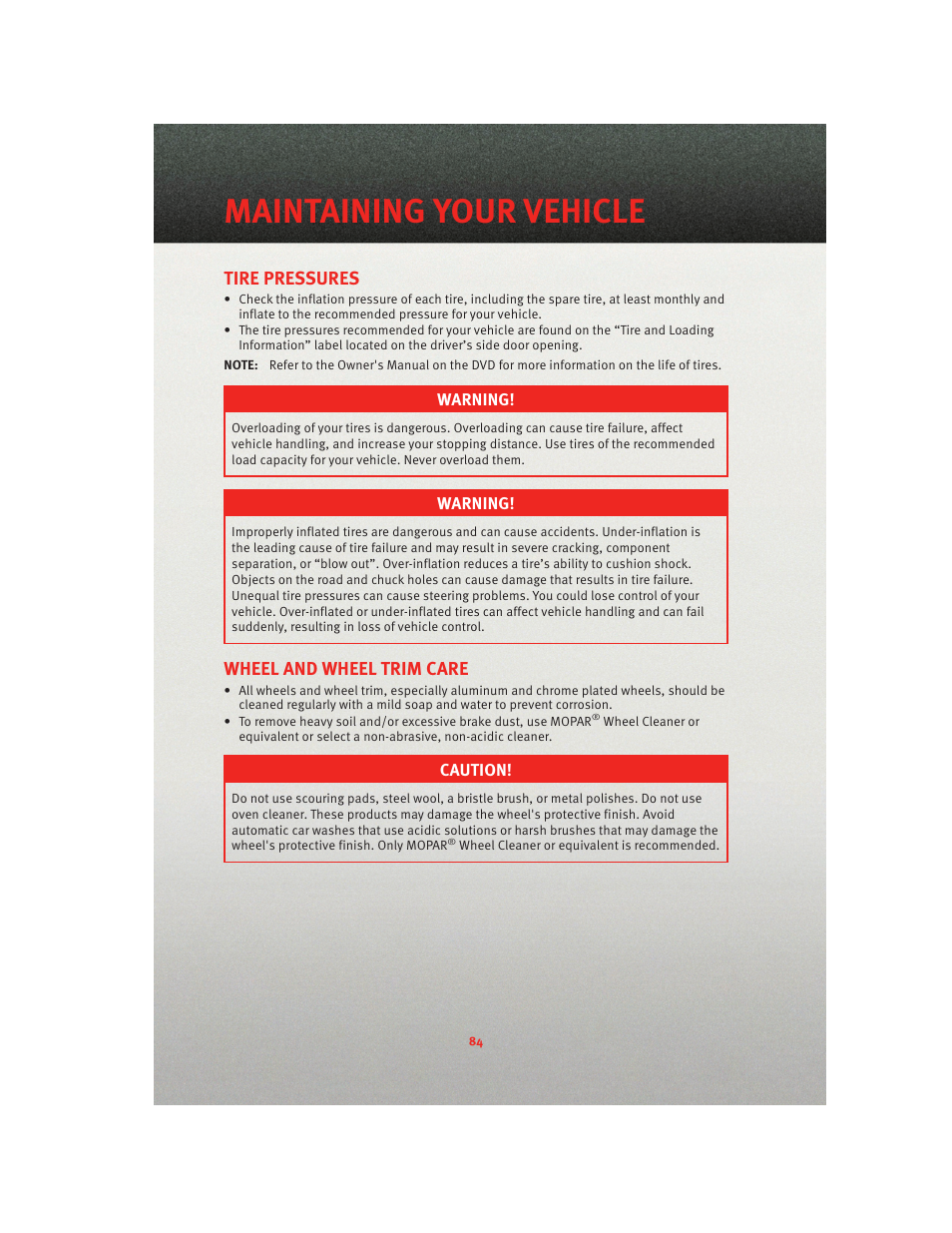 Tire pressures, Wheel and wheel trim care, Maintaining your vehicle | Ram Trucks 2010 3500 - User Guide User Manual | Page 86 / 96