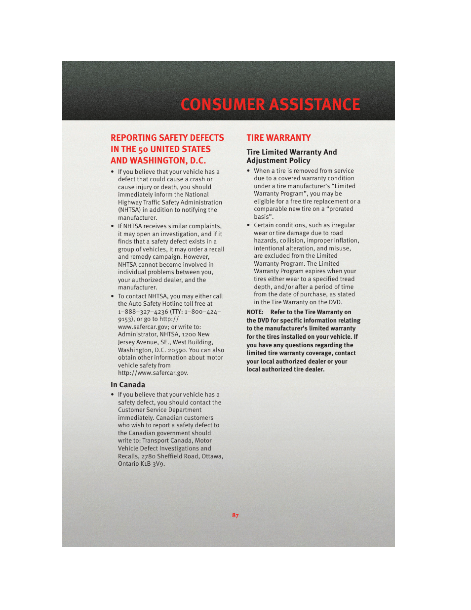 In canada, Tire warranty, Tire limited warranty and adjustment policy | Consumer assistance | Ram Trucks 2010 3500 - User Guide User Manual | Page 89 / 96