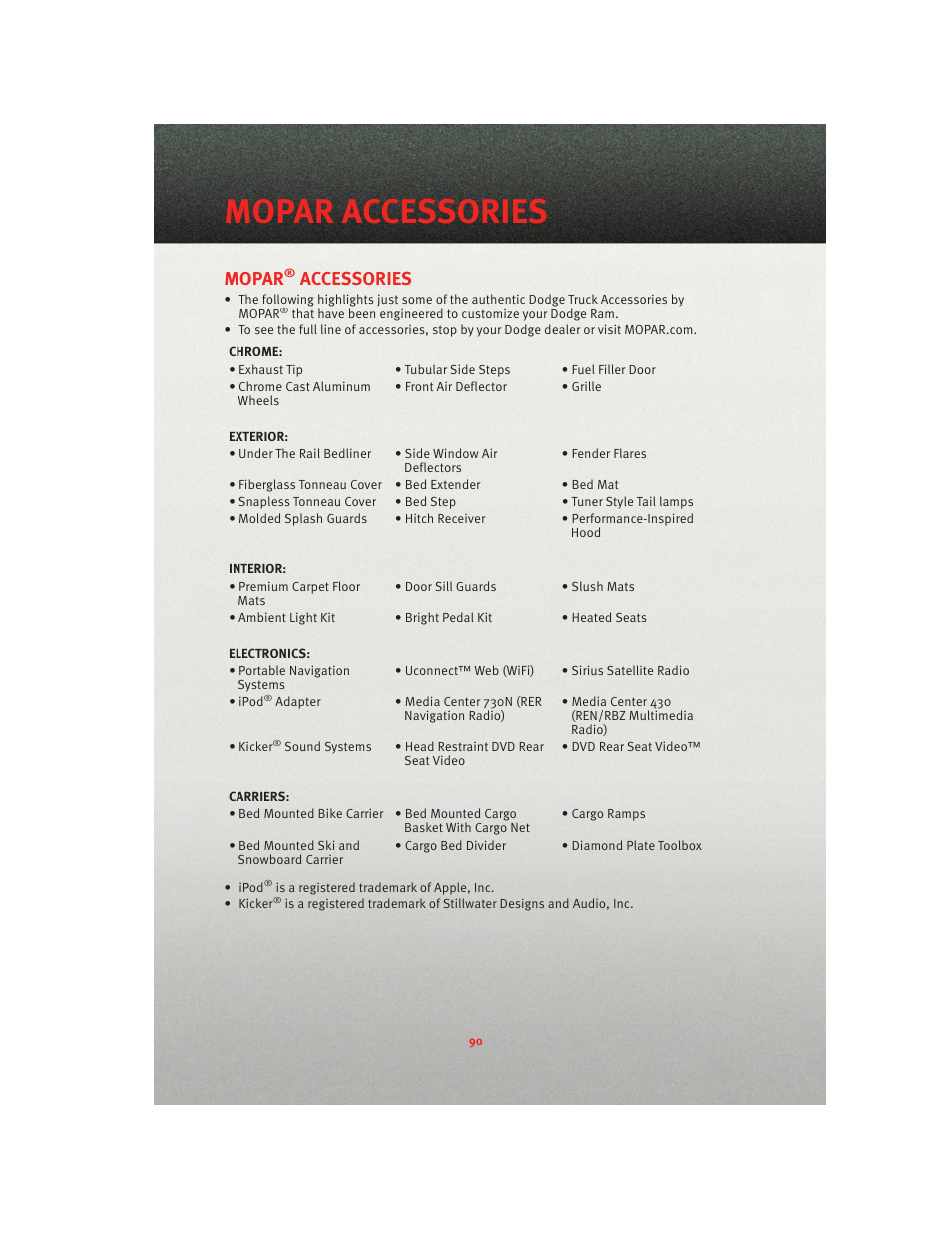 Mopar accessories, Mopar® accessories, Mopar | Accessories | Ram Trucks 2010 3500 - User Guide User Manual | Page 92 / 96
