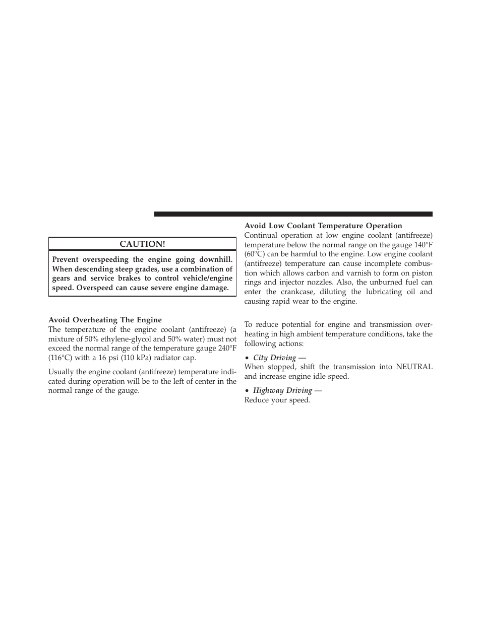 Engine speed control, Operating precautions, Cooling system tips – automatic transmission | Cooling system tips – automatic, Transmission | Ram Trucks 2010 Chassis Cab User Manual | Page 218 / 423