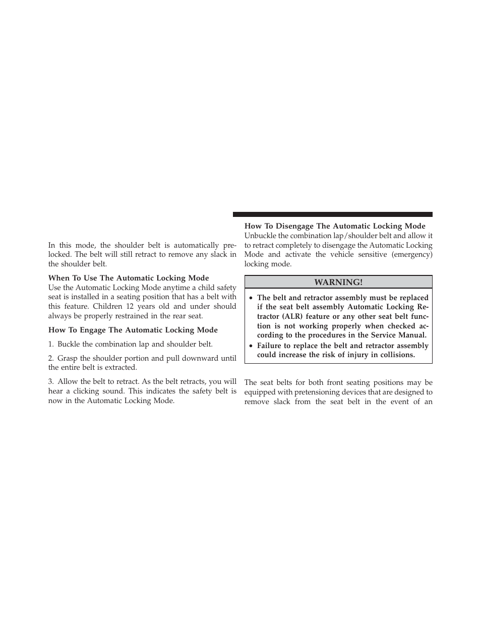 Seat belt pretensioners — if equipped, Automatic locking retractor (alr) mode, If equipped | Ram Trucks 2011 3500 - Owner Manual User Manual | Page 52 / 636