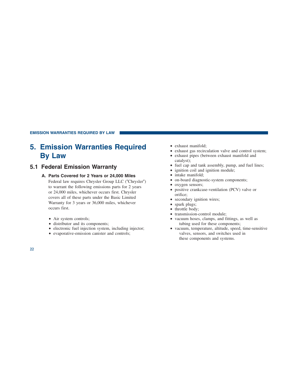 Emission warranties required by law, Federal emission warranty, 1 federal emission warranty | Ram Trucks 2011 3500 - Warranty Manual User Manual | Page 24 / 44