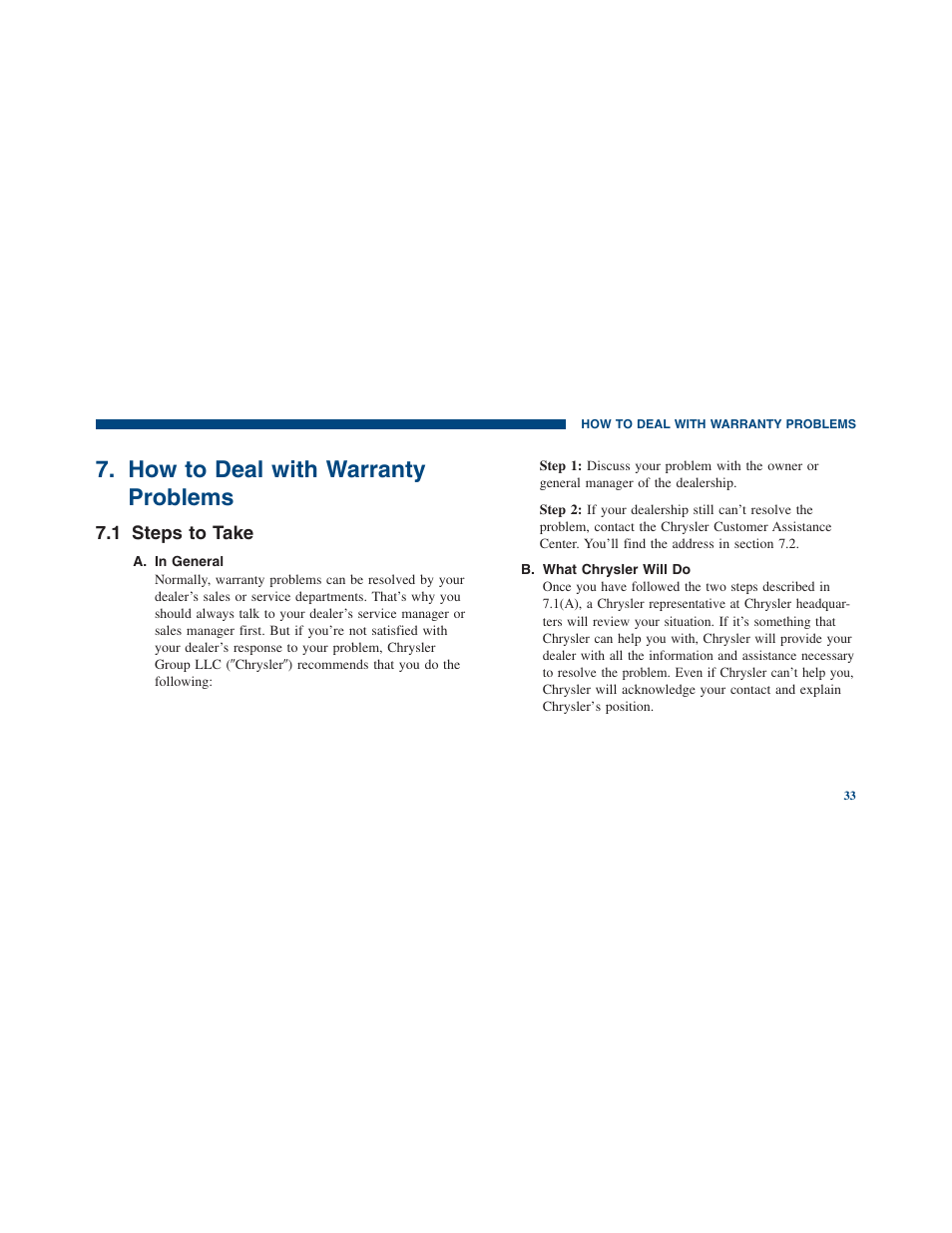 How to deal with warranty problems, Steps to take | Ram Trucks 2011 3500 - Warranty Manual User Manual | Page 35 / 44