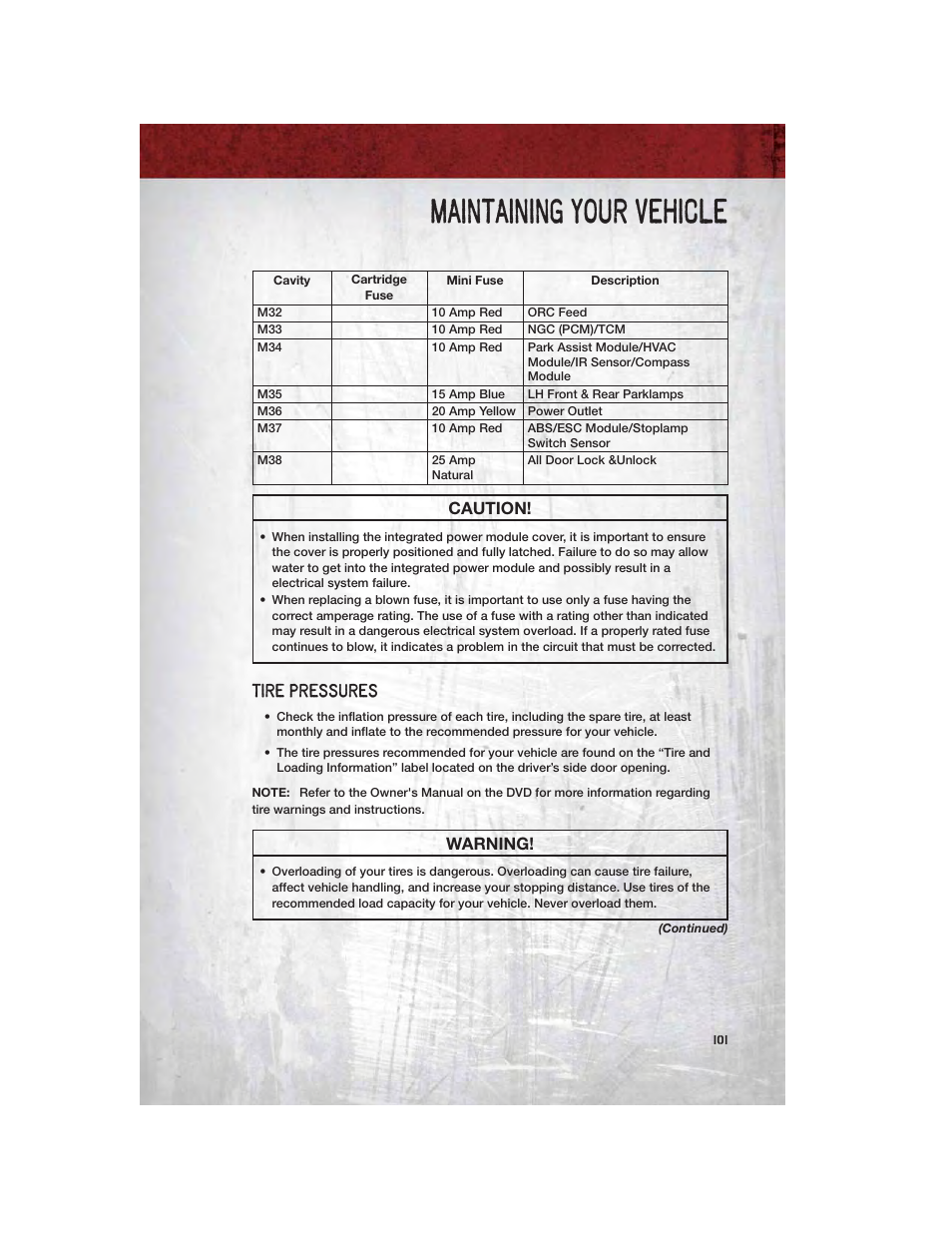 Tire pressures, Maintaining your vehicle, Caution | Warning | Ram Trucks 2011 3500 - User Guide User Manual | Page 103 / 116