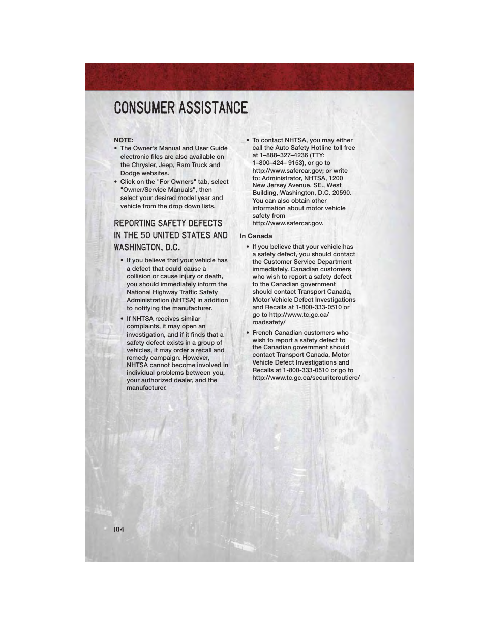 In canada, Consumer assistance | Ram Trucks 2011 3500 - User Guide User Manual | Page 106 / 116
