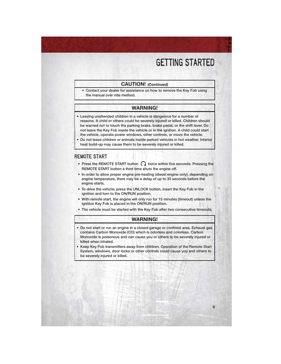 Remote start, Getting started, Caution | Warning | Ram Trucks 2011 3500 - User Guide User Manual | Page 11 / 116