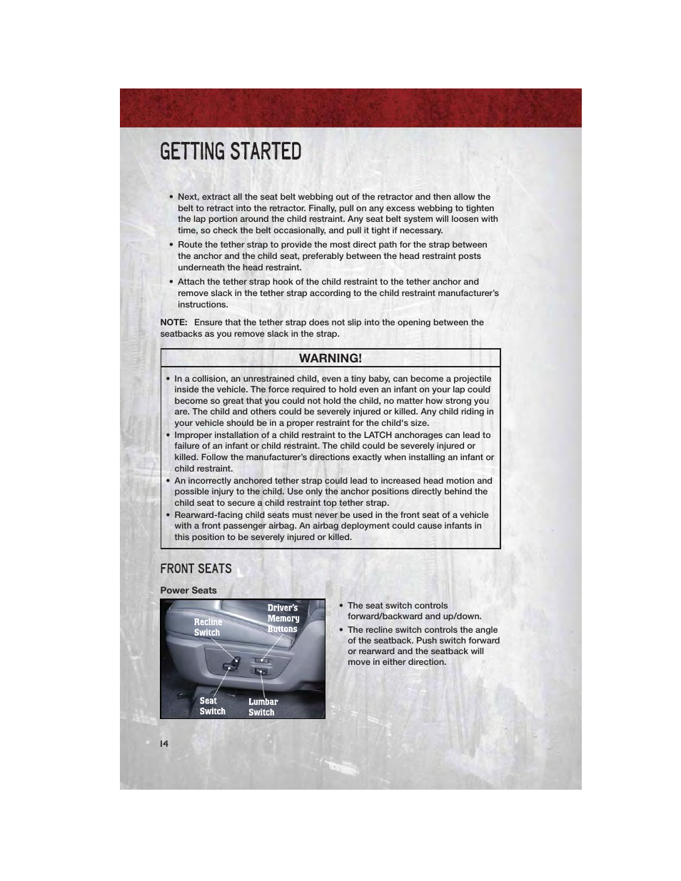Front seats, Power seats, Getting started | Warning | Ram Trucks 2011 3500 - User Guide User Manual | Page 16 / 116
