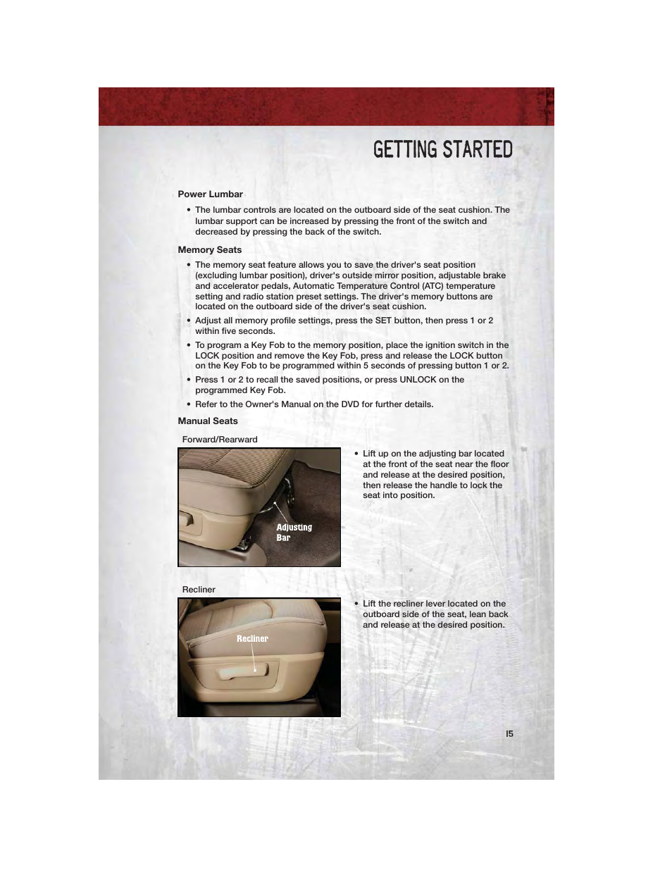 Power lumbar, Memory seats, Manual seats | Getting started | Ram Trucks 2011 3500 - User Guide User Manual | Page 17 / 116