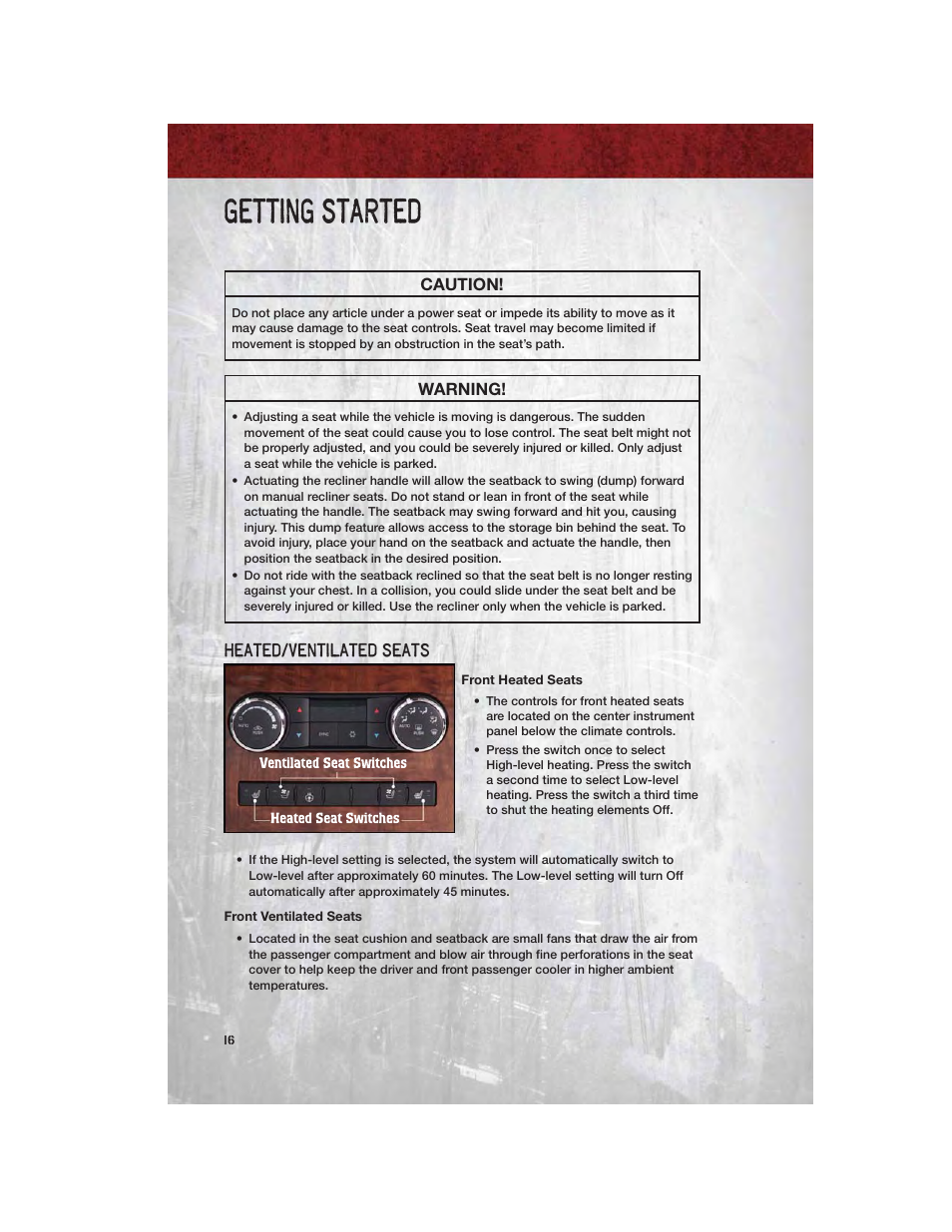 Heated/ventilated seats, Front heated seats, Front ventilated seats | Getting started | Ram Trucks 2011 3500 - User Guide User Manual | Page 18 / 116