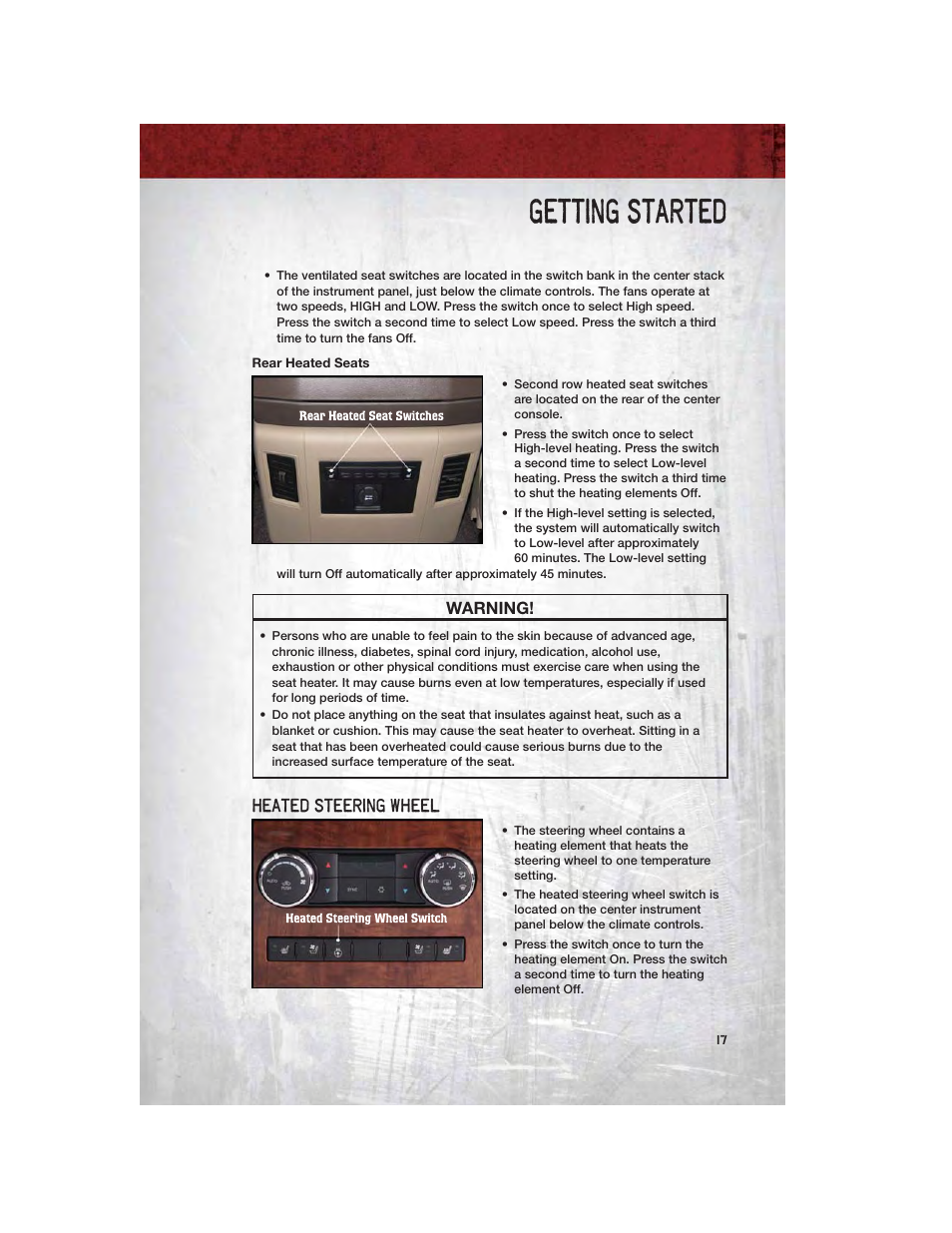 Rear heated seats, Heated steering wheel, Getting started | Warning | Ram Trucks 2011 3500 - User Guide User Manual | Page 19 / 116
