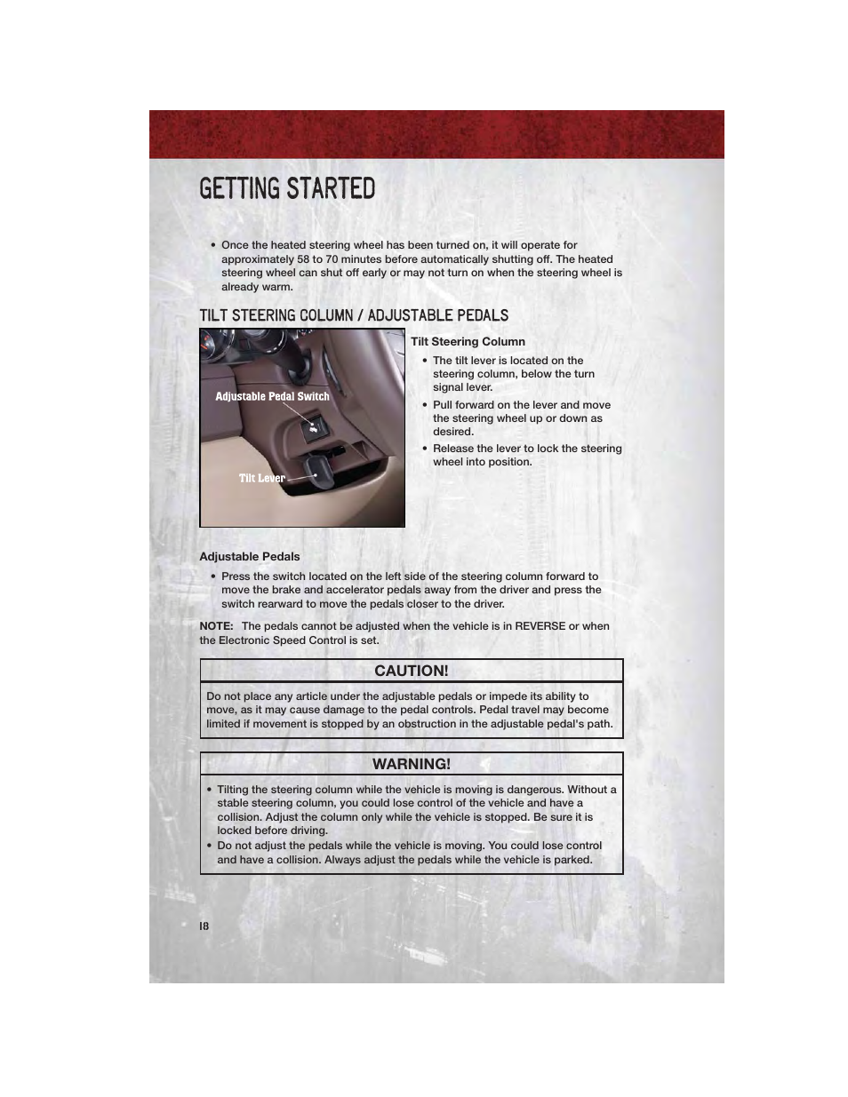 Tilt steering column / adjustable pedals, Tilt steering column, Adjustable pedals | Getting started | Ram Trucks 2011 3500 - User Guide User Manual | Page 20 / 116