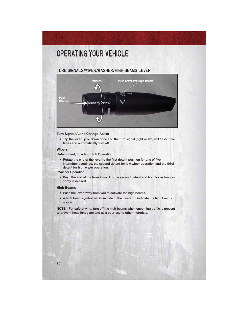 Operating your vehicle, Turn signals/wiper/washer/high beams lever, Turn signals/lane change assist | Wipers, High beams | Ram Trucks 2011 3500 - User Guide User Manual | Page 22 / 116