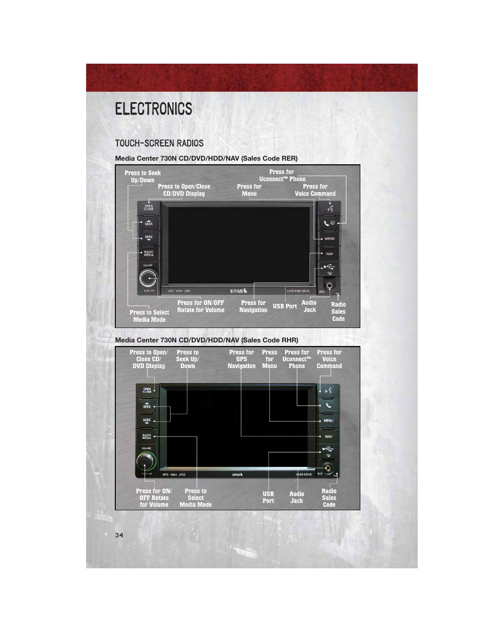 Touch-screen radios, Media center 730n cd/dvd/hdd/nav (sales code rer), Media center 730n cd/dvd/hdd/nav (sales code rhr) | Electronics | Ram Trucks 2011 3500 - User Guide User Manual | Page 36 / 116