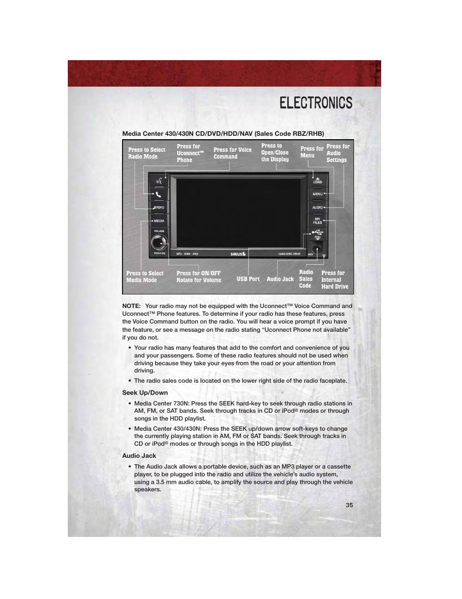 Seek up/down, Audio jack, Electronics | Ram Trucks 2011 3500 - User Guide User Manual | Page 37 / 116