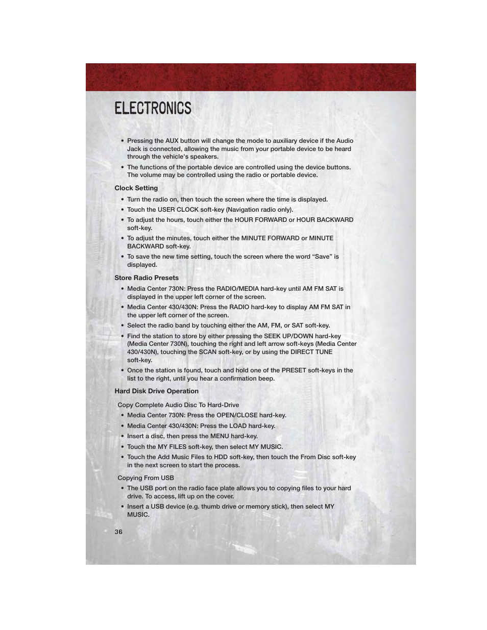 Clock setting, Store radio presets, Hard disk drive operation | Electronics | Ram Trucks 2011 3500 - User Guide User Manual | Page 38 / 116