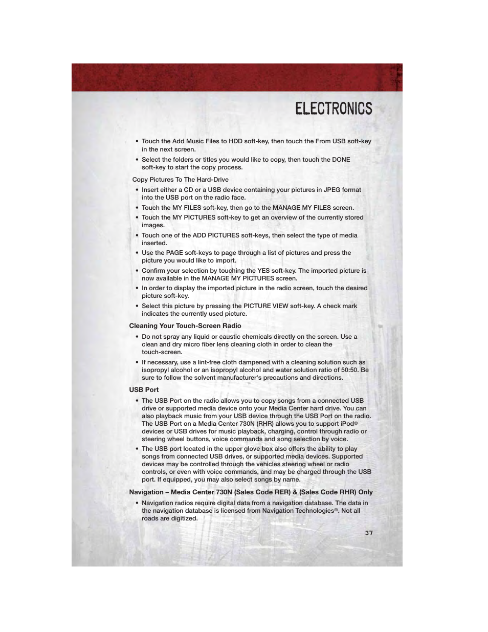 Cleaning your touch-screen radio, Usb port, Electronics | Ram Trucks 2011 3500 - User Guide User Manual | Page 39 / 116