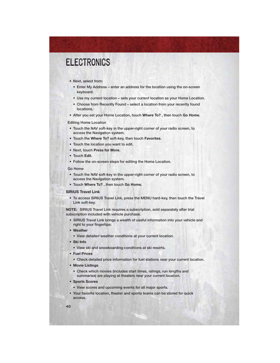 Sirius travel link, Electronics | Ram Trucks 2011 3500 - User Guide User Manual | Page 42 / 116